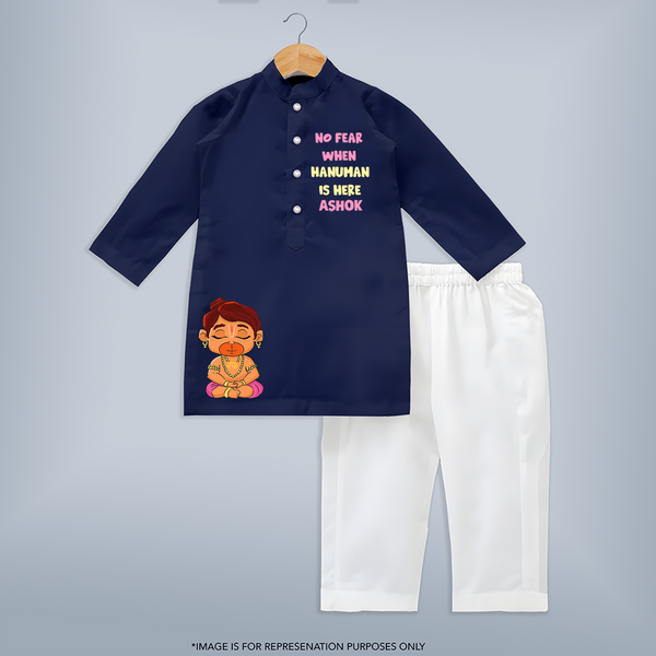 No Fear When Hanuman Is Here Shirt | Custom Kurta Set for Hanuman Worship - NAVY BLUE - 3 - 6 Months Old (Chest 24", Kurta Length 14'', Waist 19", Pant Length 14")