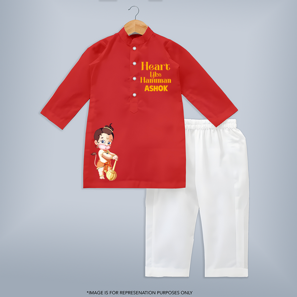 Heart Like Hanuman Shirt | Custom Kurta Set for Hanuman Devotion - RED - 3 - 6 Months Old (Chest 24", Kurta Length 14'', Waist 19", Pant Length 14")
