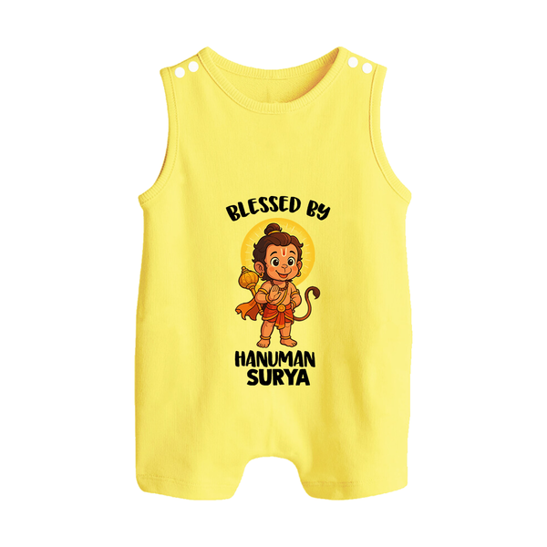 Blessed by Hanuman – Personalized Baby Romper Suit - PASTEL YELLOW - New Born (Chest 18")