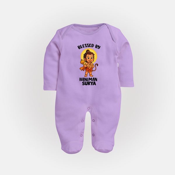 Blessed by Hanuman – Personalized Baby Fullbody Suit - LILAC - New Born (Chest 7.5")