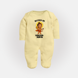 Blessed by Hanuman – Personalized Baby Fullbody Suit - PASTEL YELLOW - New Born (Chest 7.5")