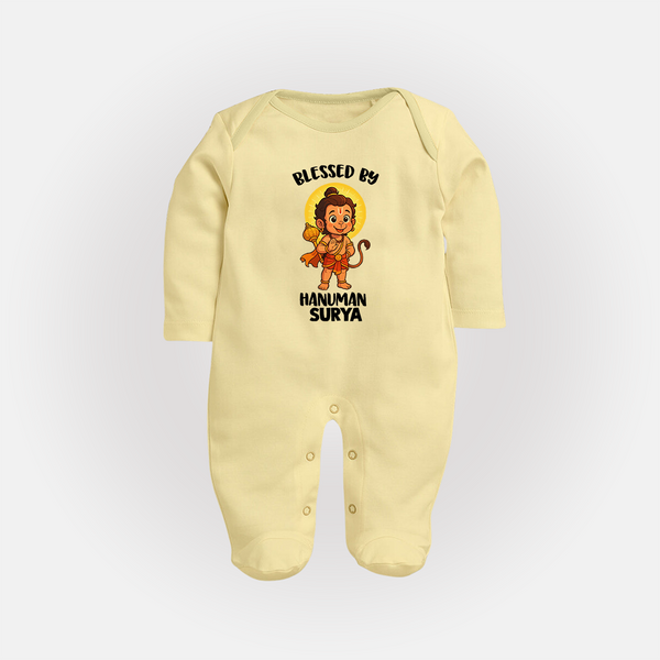Blessed by Hanuman – Personalized Baby Fullbody Suit - PASTEL YELLOW - New Born (Chest 7.5")