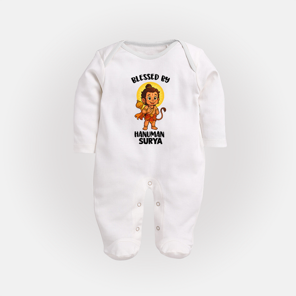 Blessed by Hanuman – Personalized Baby Fullbody Suit - WHITE - New Born (Chest 7.5")