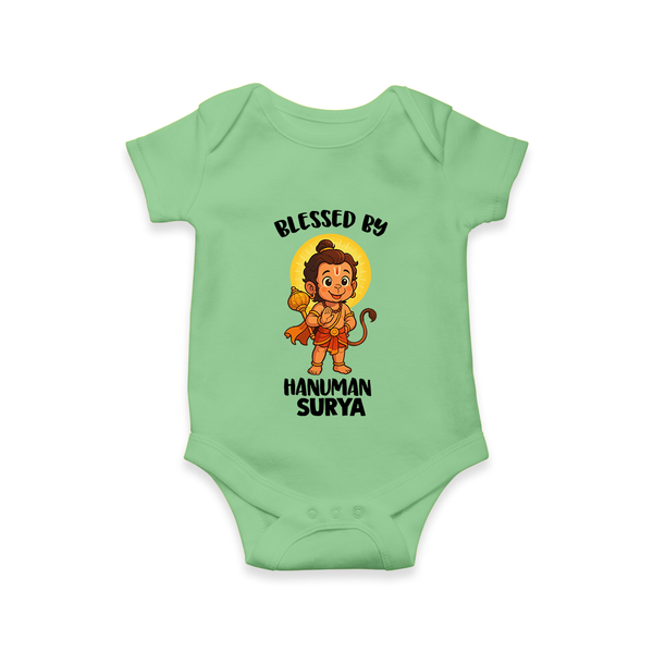 Blessed by Hanuman – Personalized Baby Romper - GREEN - New Born (Chest 14")