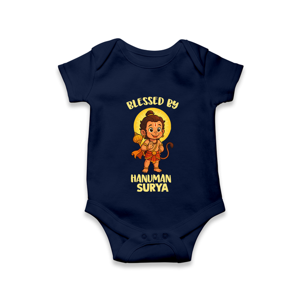 Blessed by Hanuman – Personalized Baby Romper - NAVY BLUE - New Born (Chest 14")