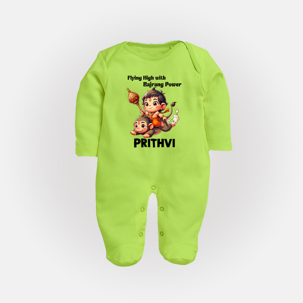 Flying High with Bajrang Power – Personalized Baby Fullbody Suit - LIME GREEN - New Born (Chest 7.5")