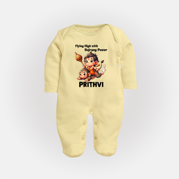 Flying High with Bajrang Power – Personalized Baby Fullbody Suit - PASTEL YELLOW - New Born (Chest 7.5")