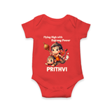 Flying High with Bajrang Power – Personalized Baby Romper - RED - New Born (Chest 14")