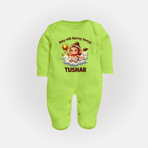 Baby with Bajrang Energy – Personalized Baby Fullbody Suit - LIME GREEN - New Born (Chest 7.5")