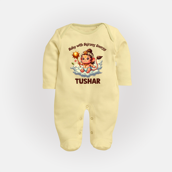Baby with Bajrang Energy – Personalized Baby Fullbody Suit - PASTEL YELLOW - New Born (Chest 7.5")