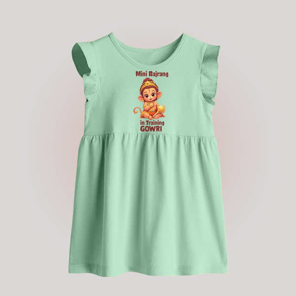 Mini Bajrang in Training – Personalized   Baby Frock - MINT GREEN - 0 - 3 Months Old (Chest 17")