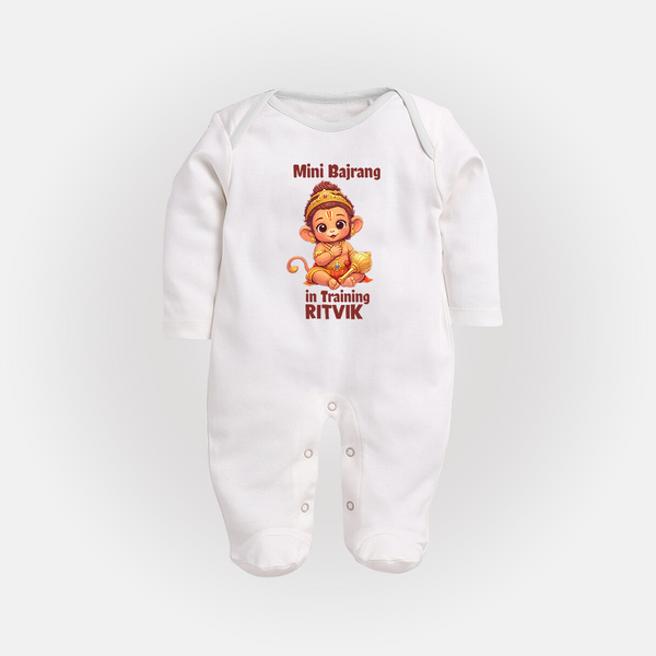 Mini Bajrang in Training – Personalized Baby Fullbody Suit - WHITE - New Born (Chest 7.5")