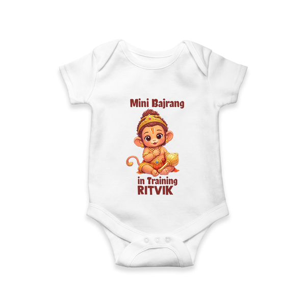 Mini Bajrang in Training – Personalized Baby Romper - WHITE - New Born (Chest 14")