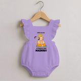 Little Devotee of Bajrang Bali – Personalized   Romper Frock - LILAC - 0 - 3 Months Old (Chest 19")
