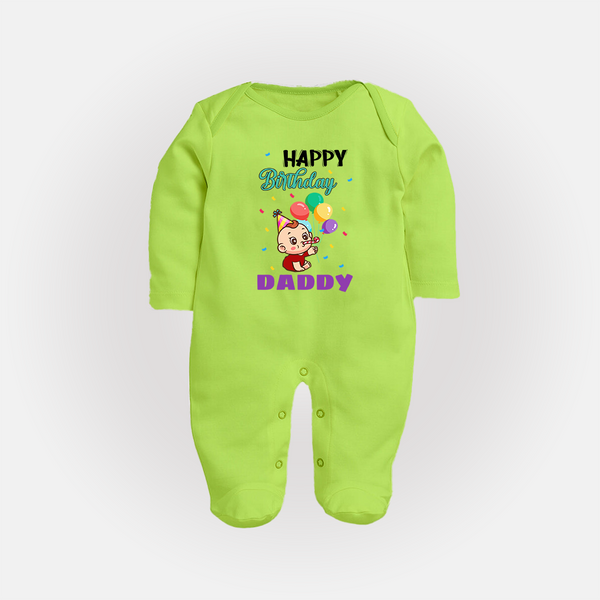 Happy Birthday Dad Baby Sleep Suit/Full Sleeve Romper | Cotton Jumpsuit/Bodysuit for Newborns - LIME GREEN - New Born (Chest 7.5")