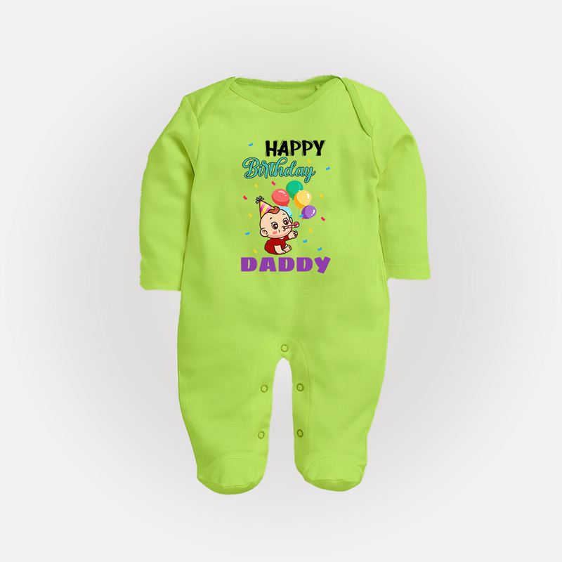 Happy Birthday Dad Baby Sleep Suit/Full Sleeve Romper | Cotton Jumpsuit/Bodysuit for Newborns - LIME GREEN - New Born (Chest 7.5")