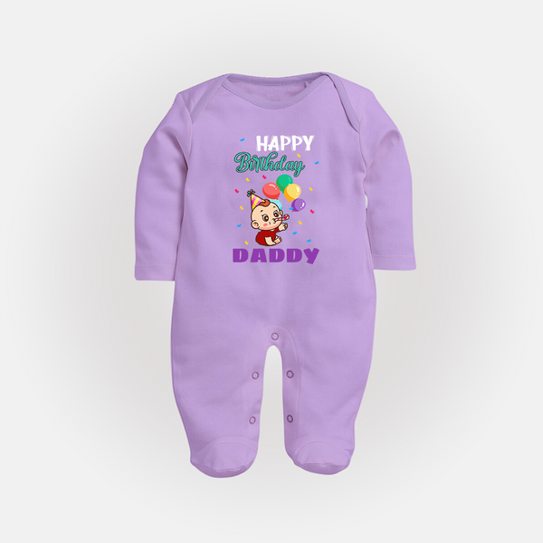 Happy Birthday Dad Baby Sleep Suit/Full Sleeve Romper | Cotton Jumpsuit/Bodysuit for Newborns - LILAC - New Born (Chest 7.5")