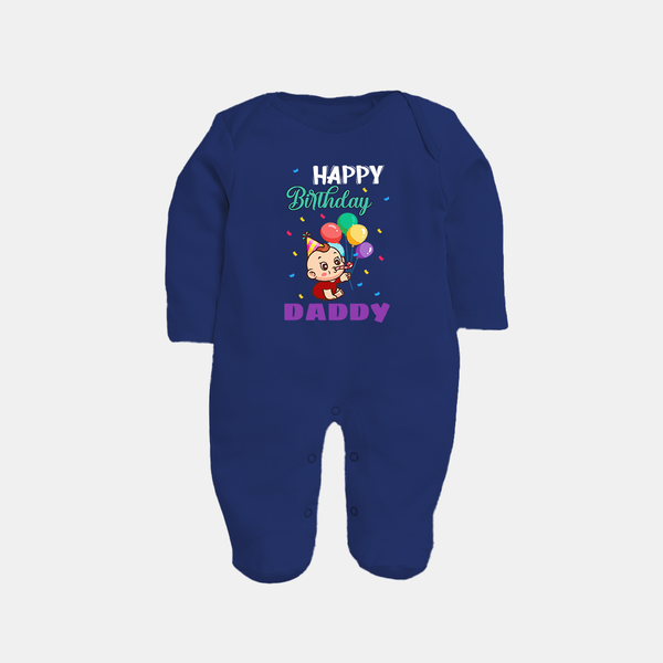 Happy Birthday Dad Baby Sleep Suit/Full Sleeve Romper | Cotton Jumpsuit/Bodysuit for Newborns - NAVY BLUE - New Born (Chest 7.5")