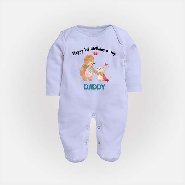1st Birthday Wish to Dad from Baby | Printed Sleep Suit/Full Sleeve Romper - BABY BLUE - New Born (Chest 7.5")