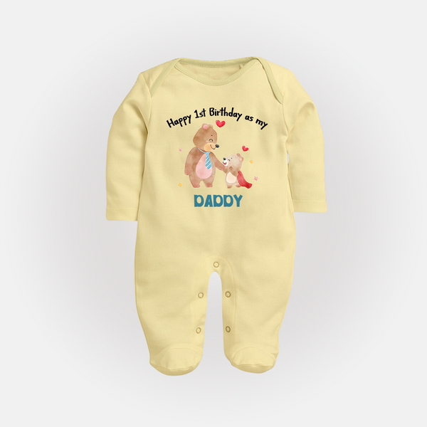 1st Birthday Wish to Dad from Baby | Printed Sleep Suit/Full Sleeve Romper - PASTEL YELLOW - New Born (Chest 7.5")