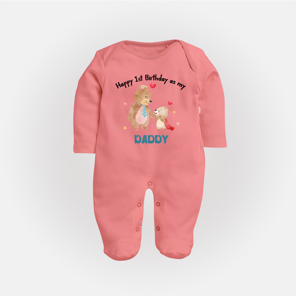 1st Birthday Wish to Dad from Baby | Printed Sleep Suit/Full Sleeve Romper - PEACH - New Born (Chest 7.5")