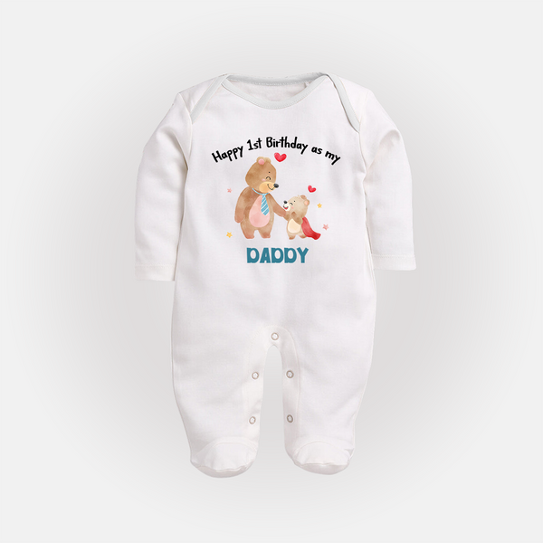 1st Birthday Wish to Dad from Baby | Printed Sleep Suit/Full Sleeve Romper - WHITE - New Born (Chest 7.5")