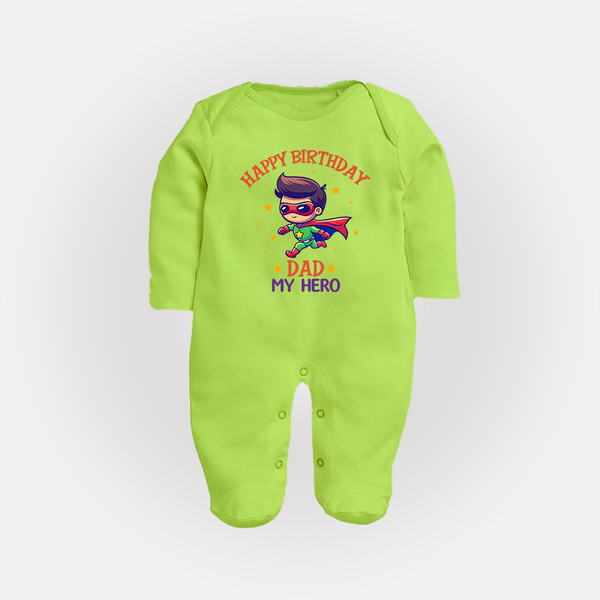 Newborn Sleep Suit/Full Sleeve Romper - Happy Birthday Dad | Soft Cotton Comfort - LIME GREEN - New Born (Chest 7.5")