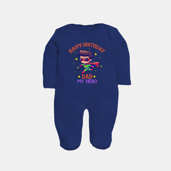 Newborn Sleep Suit/Full Sleeve Romper - Happy Birthday Dad | Soft Cotton Comfort - NAVY BLUE - New Born (Chest 7.5")