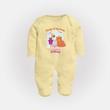 Party Of My House - Its Dad's Birthday Imprinted Baby Sleep Suit - PASTEL YELLOW - New Born (Chest 7.5")