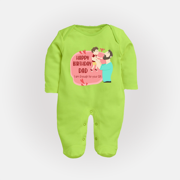 Special Baby Gift for Dad's Birthday | Personalized Infant Sleep Suit/Full Sleeve Romper - LIME GREEN - New Born (Chest 7.5")