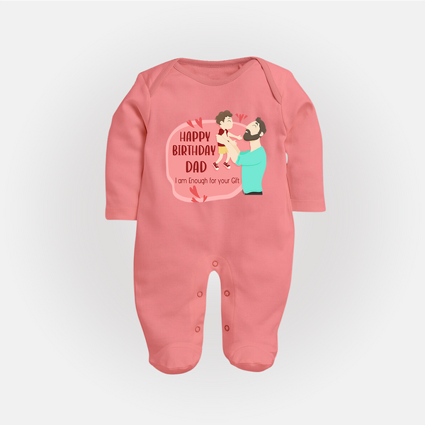 Special Baby Gift for Dad's Birthday | Personalized Infant Sleep Suit/Full Sleeve Romper - PEACH - New Born (Chest 7.5")