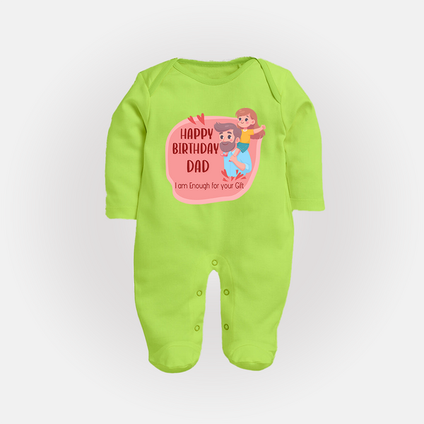 Sleep Suit/Full Sleeve Romper with Happy Birthday Dad Print | Ideal Keepsake for New Dads - LIME GREEN - New Born (Chest 7.5")