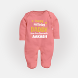 Baby's First Wish for Dad | Happy Birthday Sleep Suit/Full Sleeve Romper | Name Print Available - PEACH - New Born (Chest 7.5")