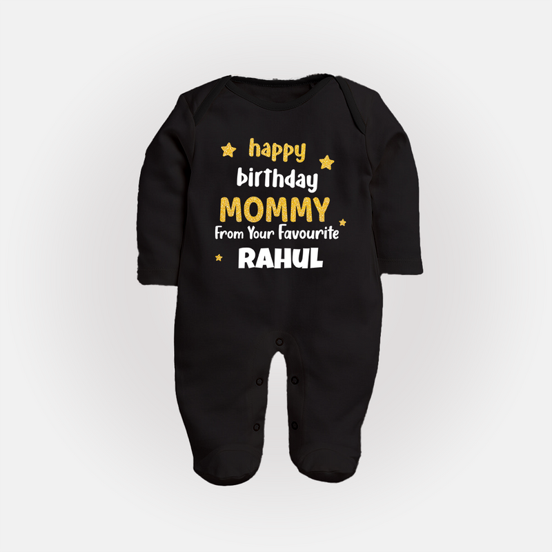 Baby's First Wish for Mom | Happy Birthday Sleep Suit/Full Sleeve Romper | Name Print Available - BLACK - New Born (Chest 7.5")