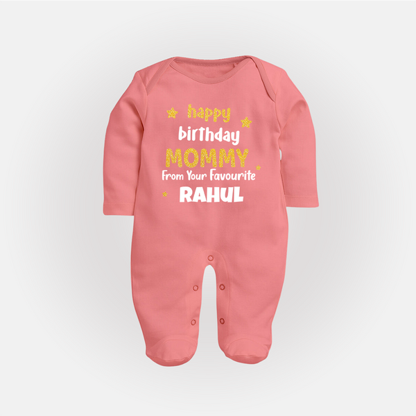 Baby's First Wish for Mom | Happy Birthday Sleep Suit/Full Sleeve Romper | Name Print Available - PEACH - New Born (Chest 7.5")