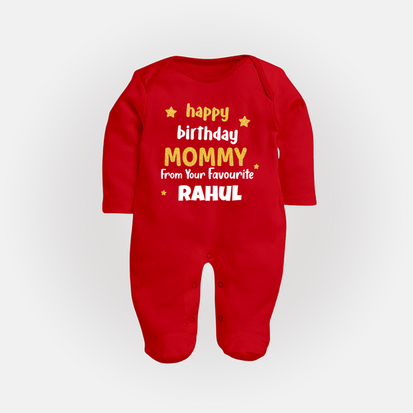 Baby's First Wish for Mom | Happy Birthday Sleep Suit/Full Sleeve Romper | Name Print Available - RED - New Born (Chest 7.5")