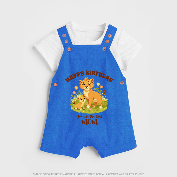 1st Birthday Wish for Mom from Baby | Cotton Printed Dungaree Set - COBALT BLUE - 0 - 5 Months Old (Chest 18")