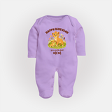 1st Birthday Wish for Mom from Baby | Cotton Printed Sleep Suit/Full Sleeve Romper - LILAC - New Born (Chest 7.5")