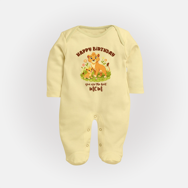 1st Birthday Wish for Mom from Baby | Cotton Printed Sleep Suit/Full Sleeve Romper - PASTEL YELLOW - New Born (Chest 7.5")