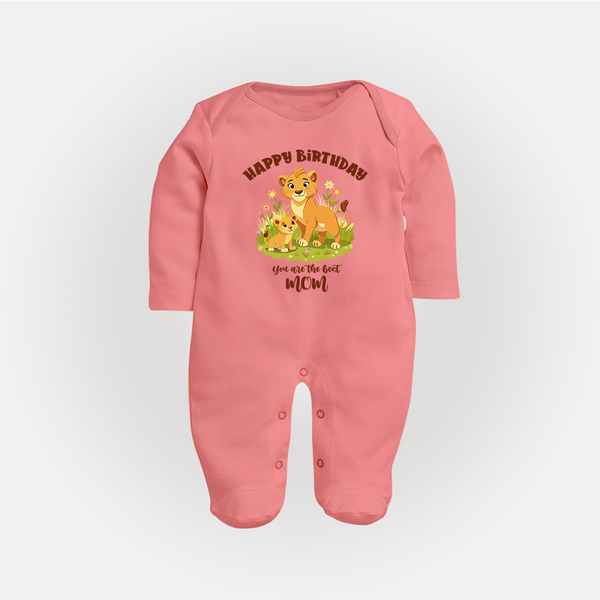 1st Birthday Wish for Mom from Baby | Cotton Printed Sleep Suit/Full Sleeve Romper - PEACH - New Born (Chest 7.5")
