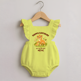 1st Birthday Wish for Mom from Baby | Cotton Printed Romper Frock - PASTEL YELLOW - 0 - 3 Months Old (Chest 19")