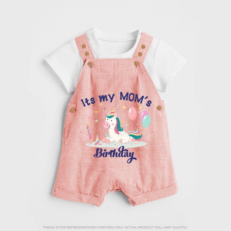 "Happy Birthday Mom - Baby Dungaree Set To Make Mom Smile All Day!" - PEACH - 0 - 5 Months Old (Chest 18")