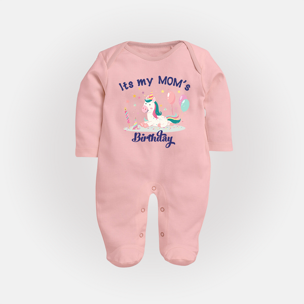 Newborn Sleep Suit/Full Sleeve Romper with Happy Birthday Mom Print | Keepsake Gift Idea - BABY PINK - New Born (Chest 7.5")