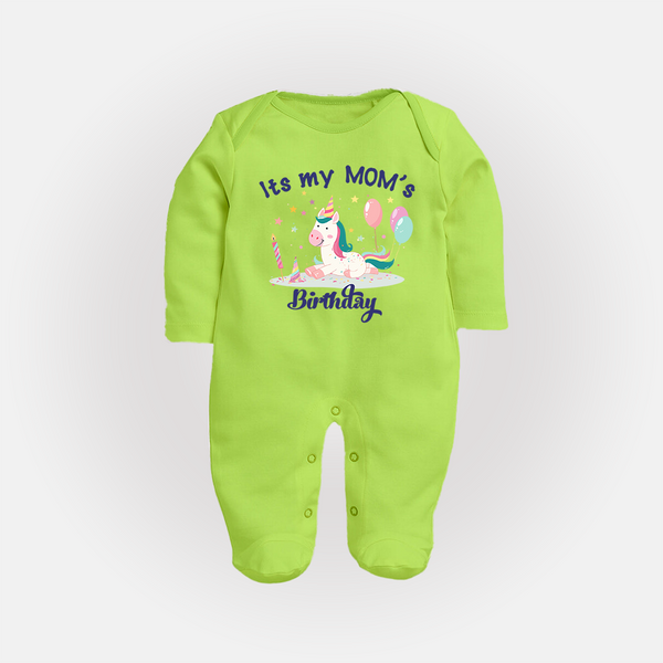 Newborn Sleep Suit/Full Sleeve Romper with Happy Birthday Mom Print | Keepsake Gift Idea - LIME GREEN - New Born (Chest 7.5")