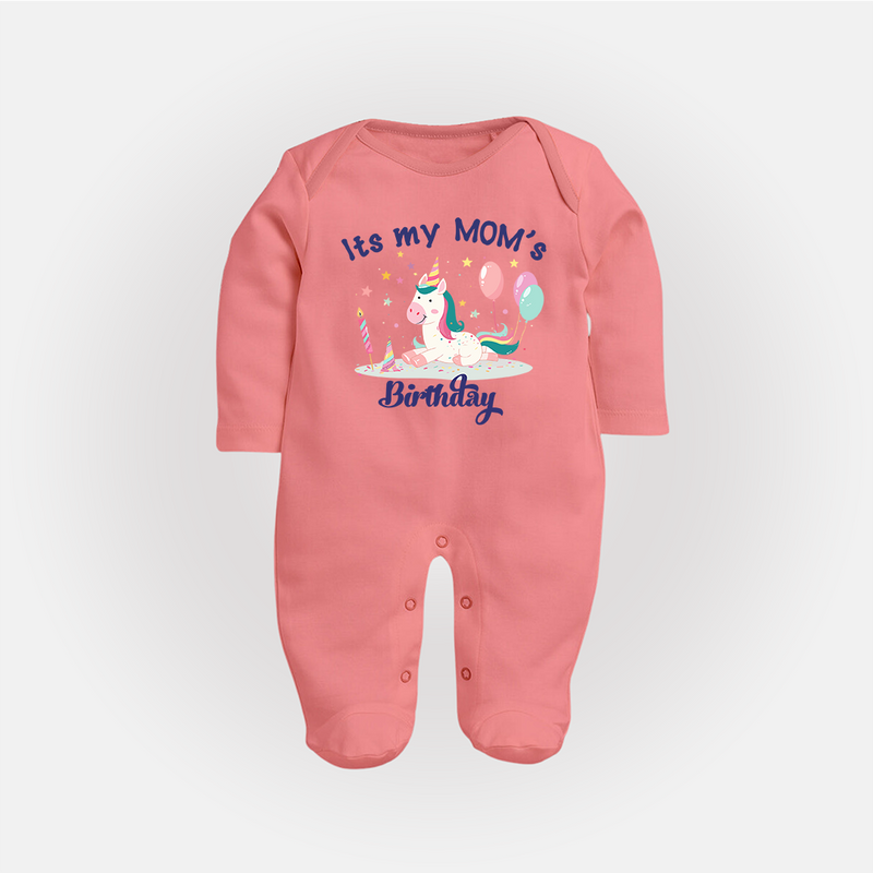 Newborn Sleep Suit/Full Sleeve Romper with Happy Birthday Mom Print | Keepsake Gift Idea - PEACH - New Born (Chest 7.5")