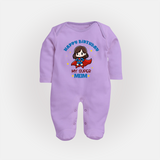 "Happy Birthday My Super Mom" - Imprinted Baby Sleep Suit - LILAC - New Born (Chest 7.5")