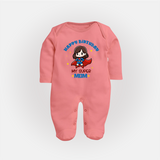 "Happy Birthday My Super Mom" - Imprinted Baby Sleep Suit - PEACH - New Born (Chest 7.5")