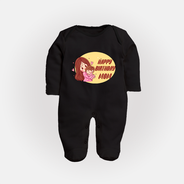 Baby's First Gift to Mom | Happy Birthday Sleep Suit/Full Sleeve Romper | Perfect for Photos - BLACK - New Born (Chest 7.5")