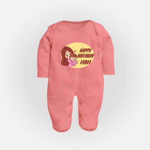 Baby's First Gift to Mom | Happy Birthday Sleep Suit/Full Sleeve Romper | Perfect for Photos - PEACH - New Born (Chest 7.5")