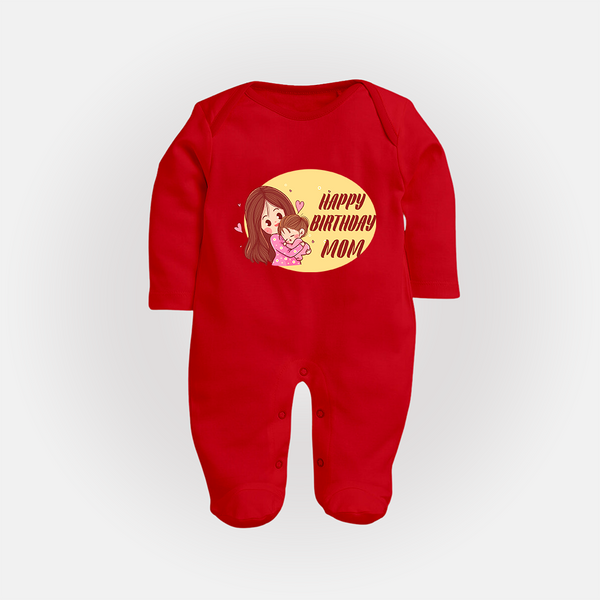 Baby's First Gift to Mom | Happy Birthday Sleep Suit/Full Sleeve Romper | Perfect for Photos - RED - New Born (Chest 7.5")